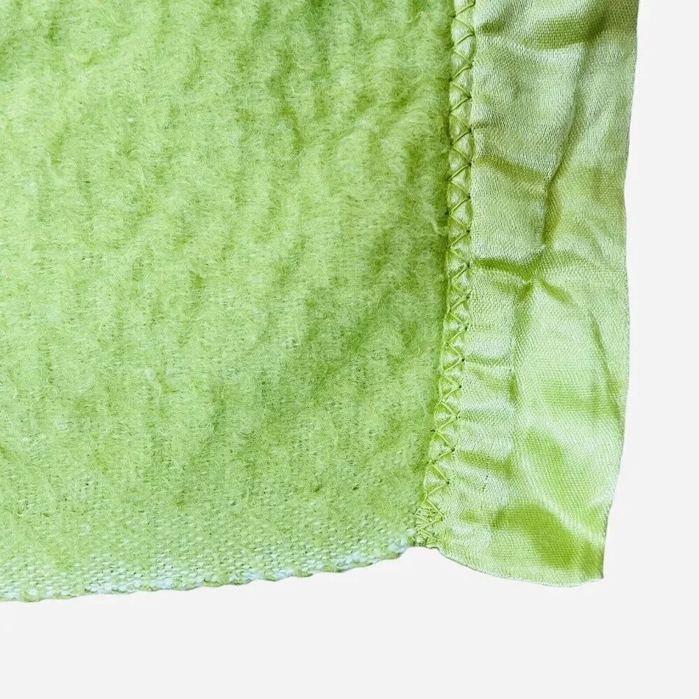 Vintage Light Green Satin Edge Blanket 80 x 66 Unique Color Bed Throw Warm Cozy